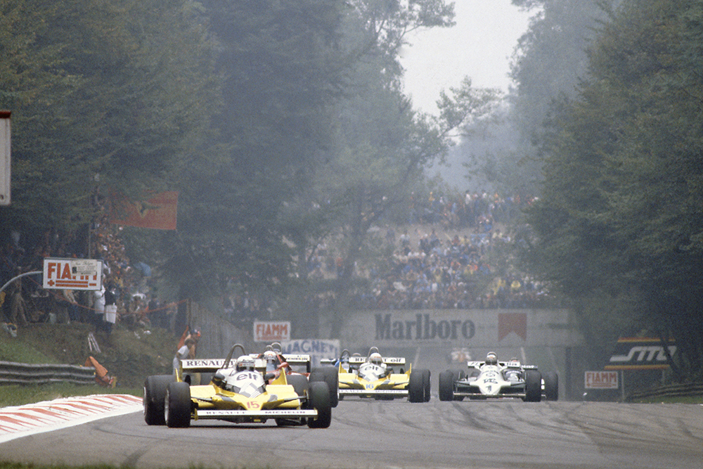 Alain Prost (Renault RE30) leads Didier Pironi (Ferrari 126CK), Rene Arnoux (Renault RE30) and Alan Jones (Williams FW07C-Ford Cosworth).