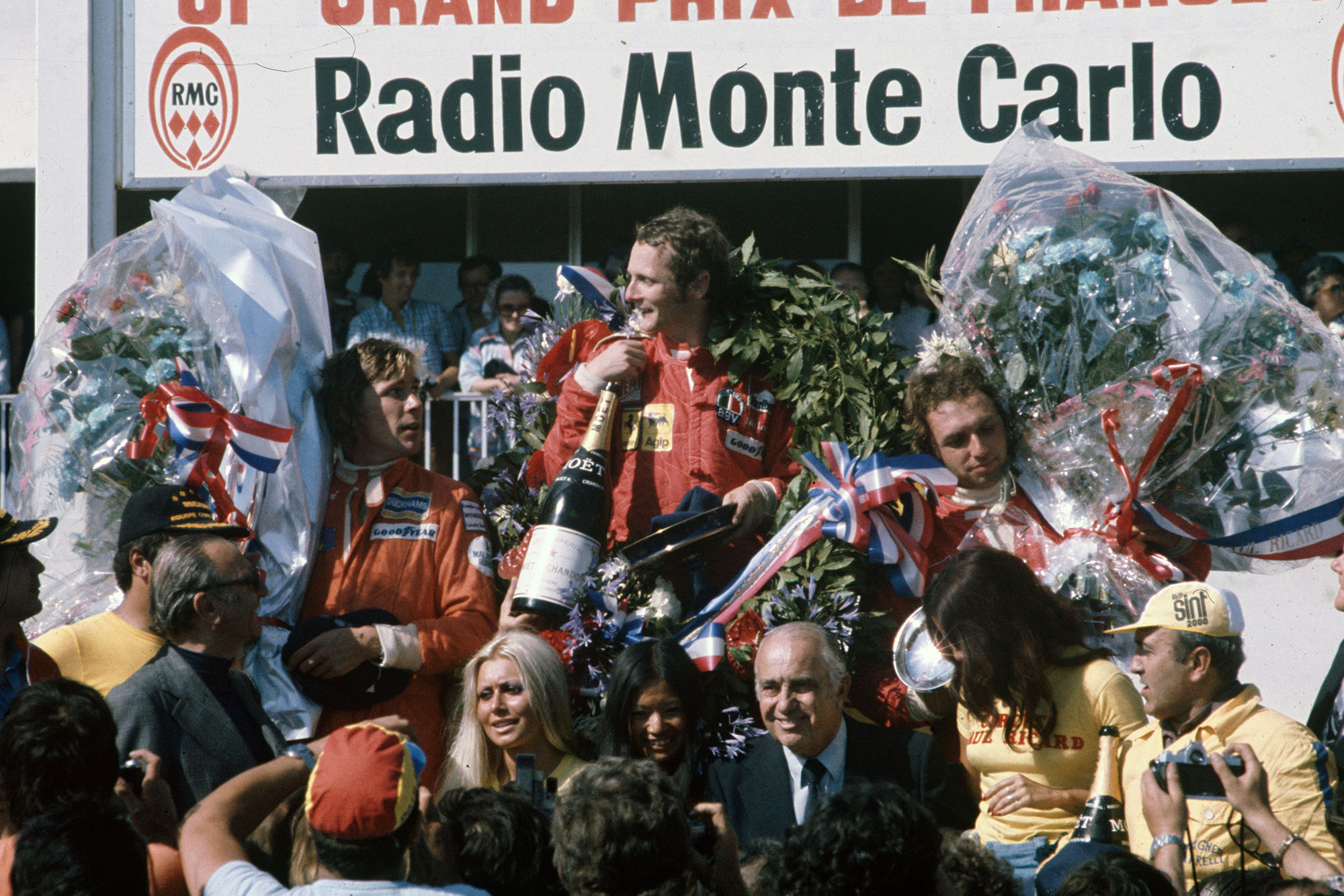 Niki Lauda on top the podium after winning the 1975 French Grand Prix, Paul Ricard.
