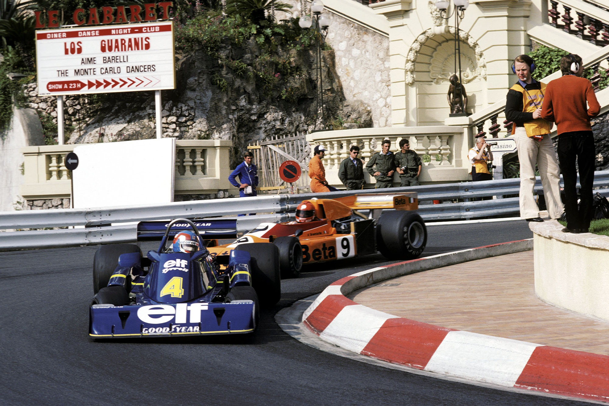 Patrick Depailler (Tyrrell) is followed by Vittorio Brambilla (March) at the 1976 Monaco Grand Prix.