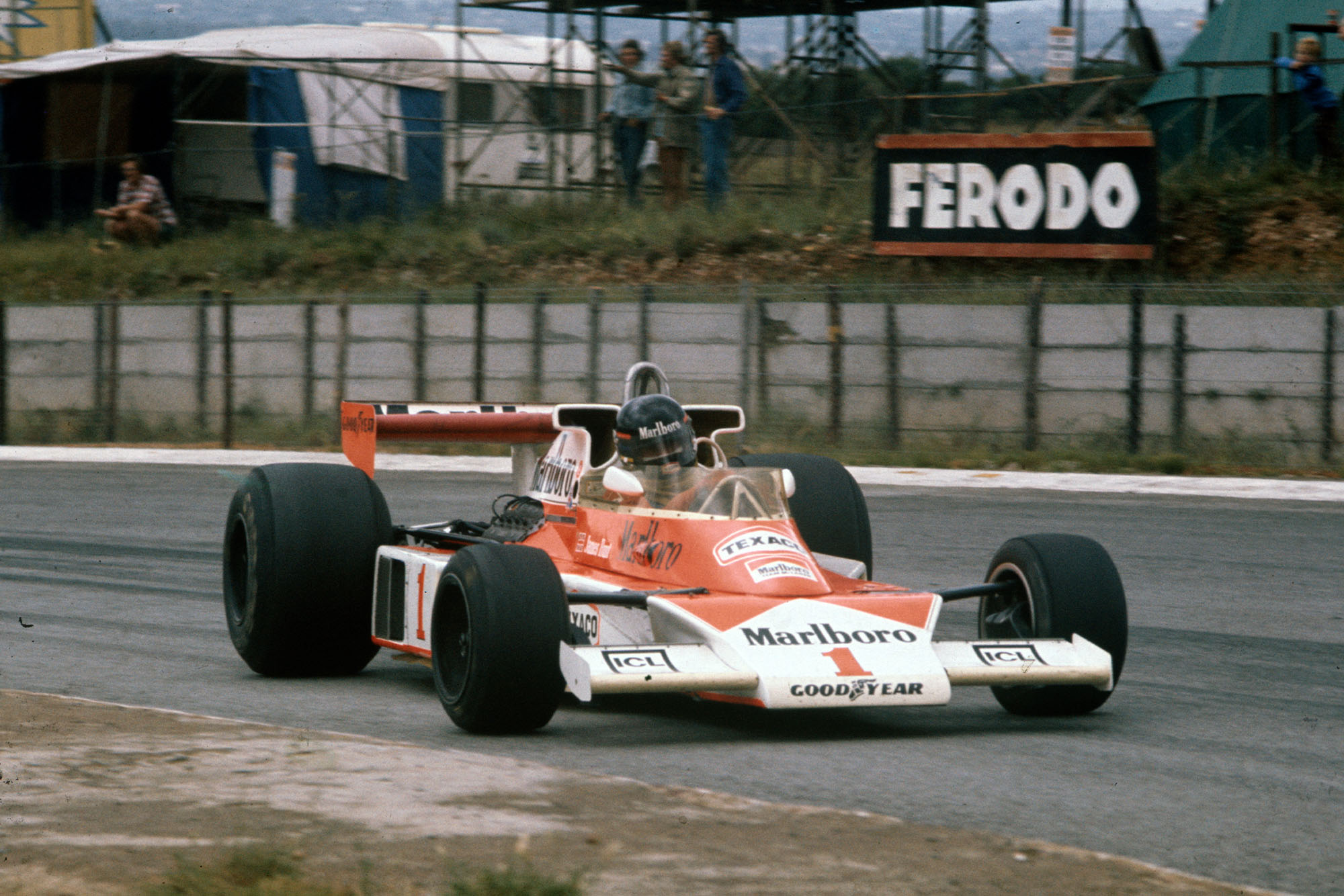 James Hunt (McLAren) driving at the 1997 South African Grand Prix, Kyalami.