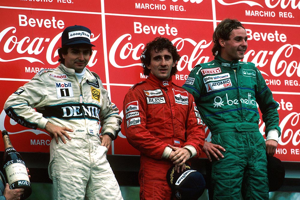 Winner Alain Prost, 2nd place Nelson Piquet and 3rd place Gerhard Berger on the podium.