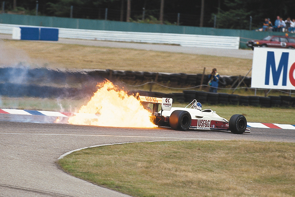 Derek Warwick's Arrows A10 Megatron BMW catches fire.