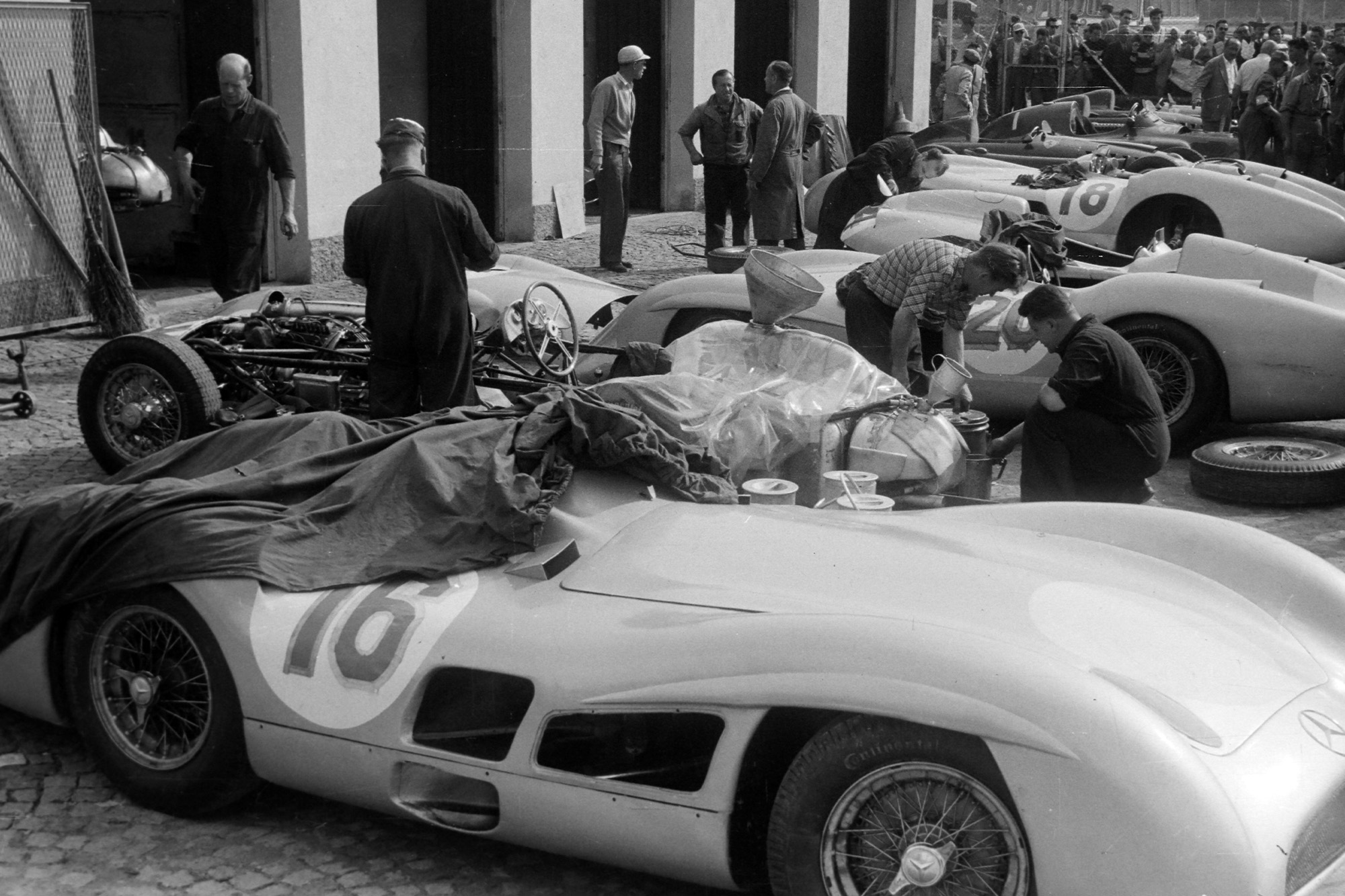 The Mercedes challengers are worked on in the garage