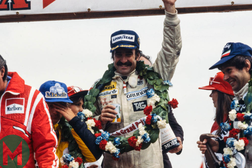 Clay Regazzoni celebrates after winning Williams its first Formula 1 race