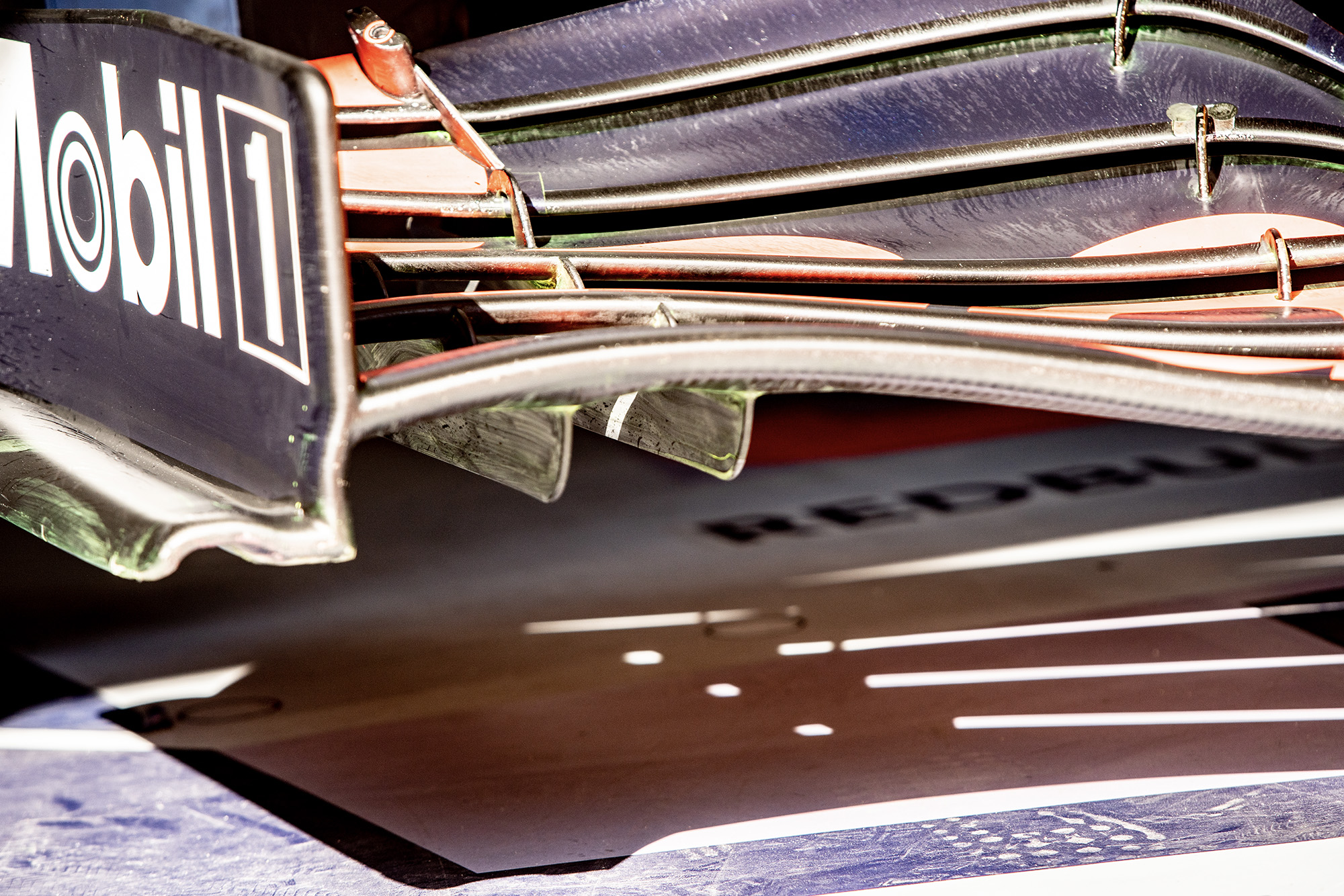 Red Bull front wing with traces of flow-viz paint during 2020 f1 preseason testing