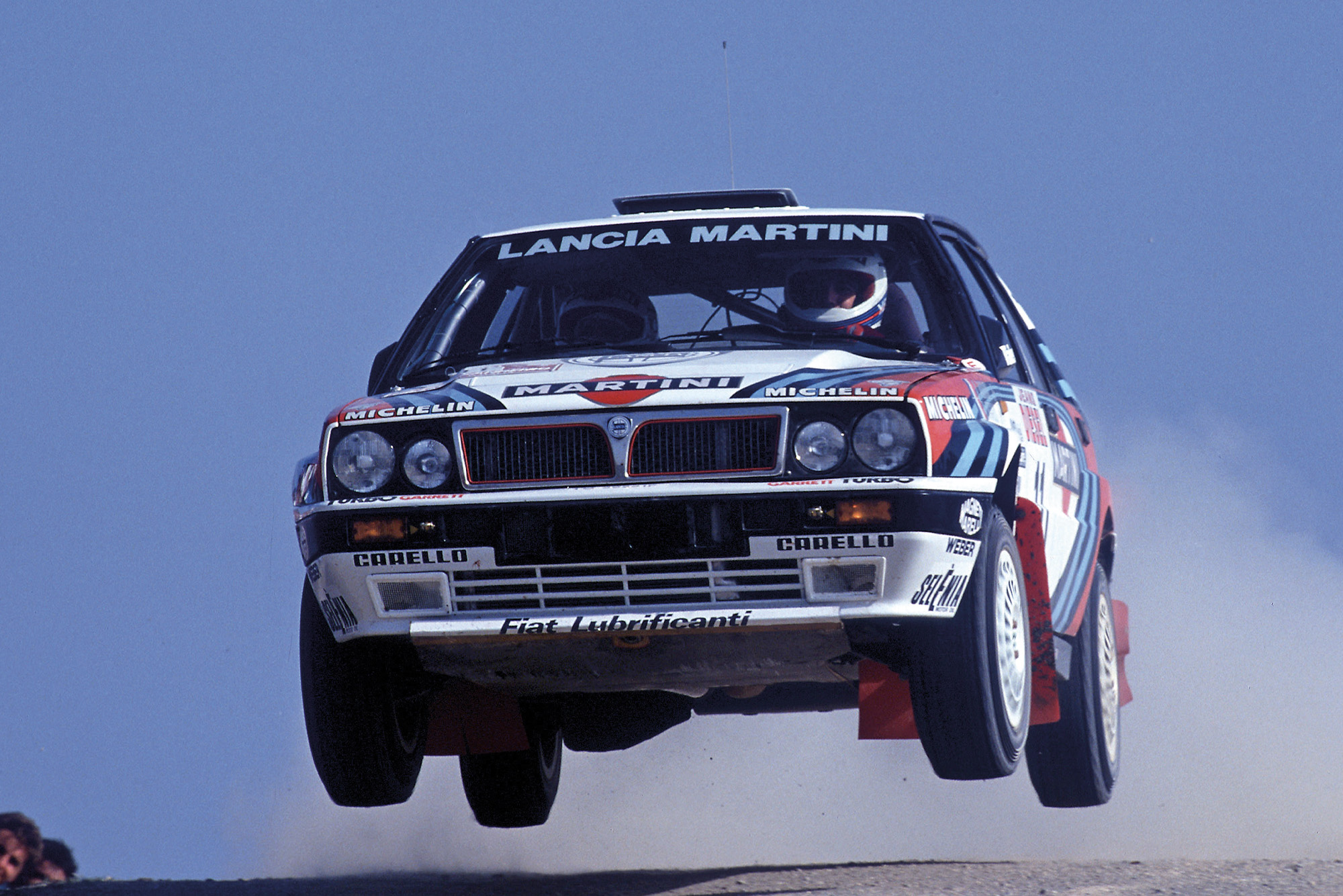Martini Lancia Delta Integrale in the air on the 1990 Sanremo Rally