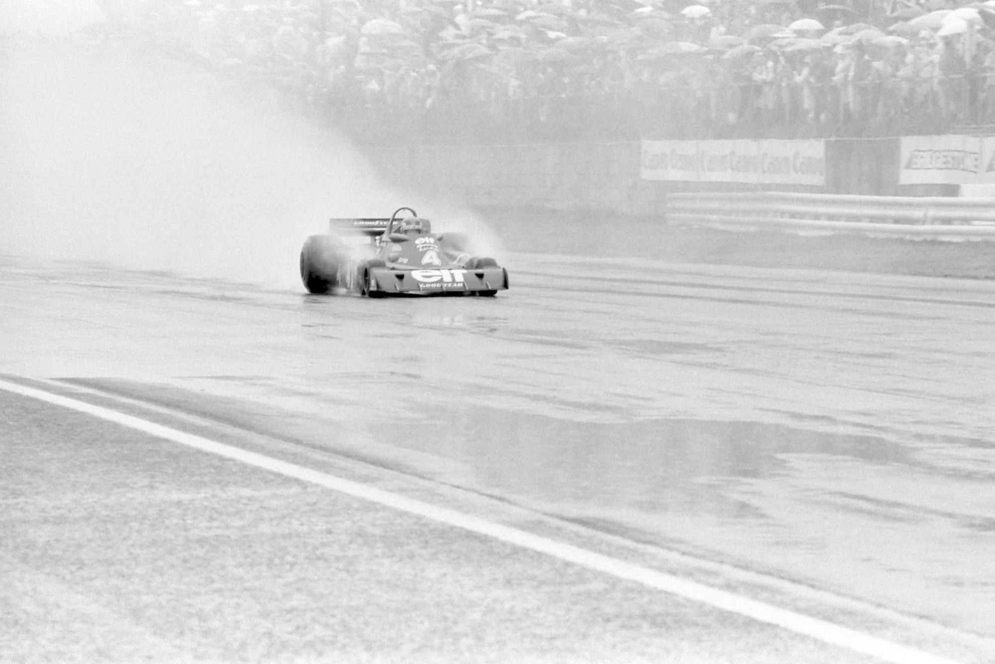 Patrick Depailler and his Tyrrell Ford in the rain at the 1976 Japanese Grand Prix