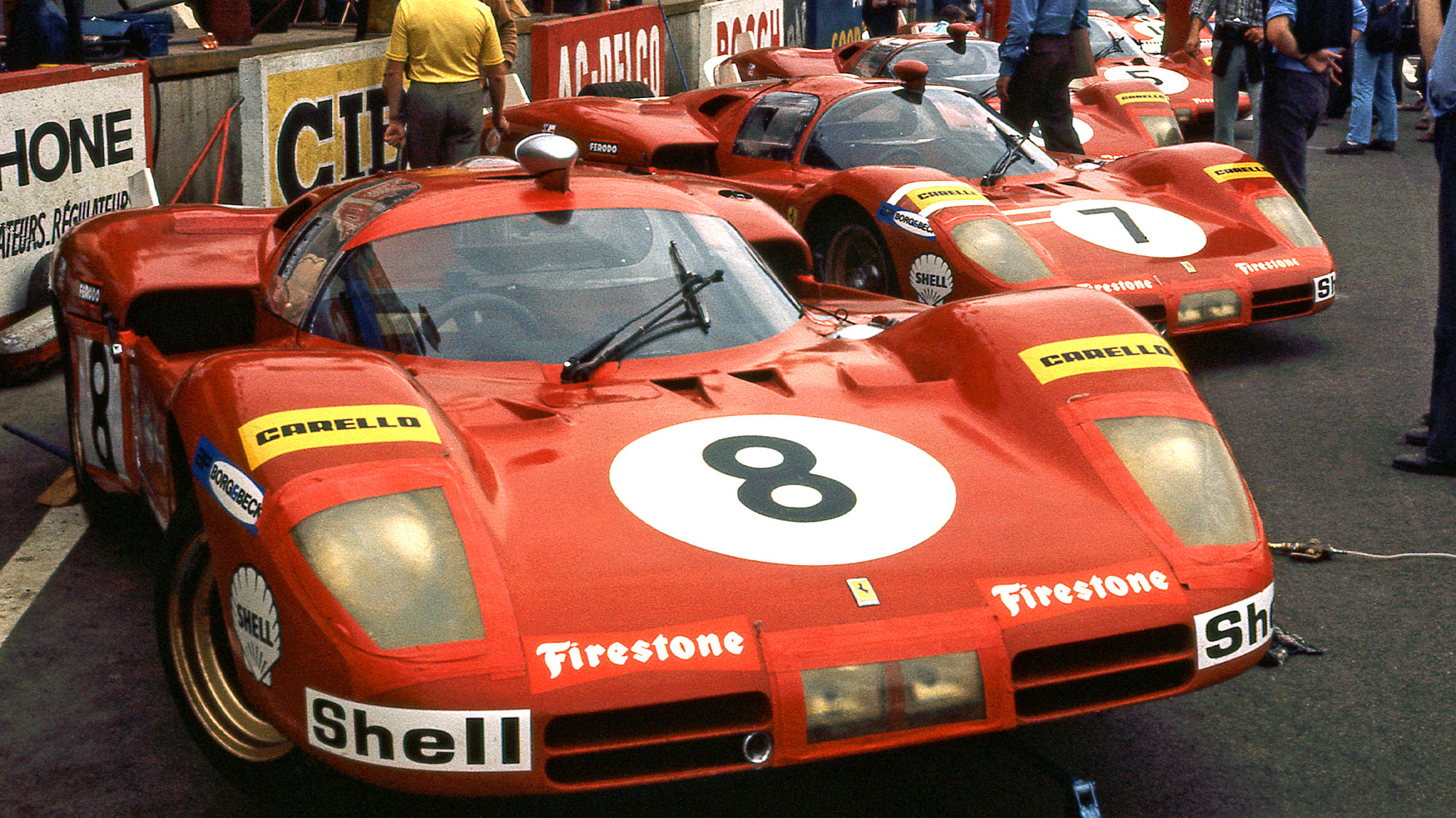 1970 Ferrari 512Ss in the Pits at Apron, Le Mans 24 Hours. (Photo by: GP Library/Universal Images Group via Getty Images)