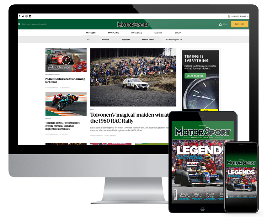 Motorsport Magazine website on Imac screen, Motorsport Magazine with F1 cover on an Ipad and iphone screen.