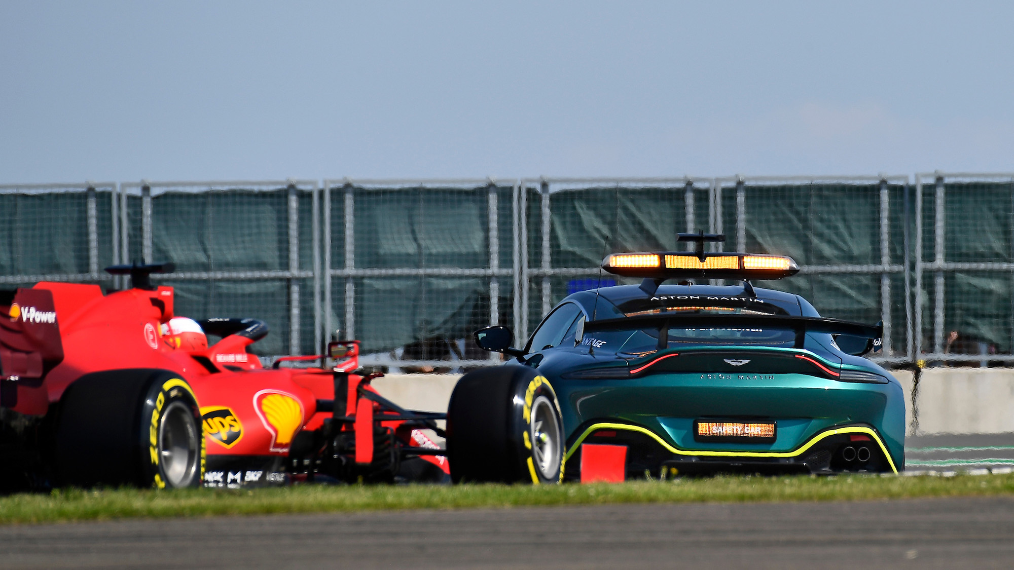 Charles Leclerc follows the safety car in the 2021 British Grand Prix