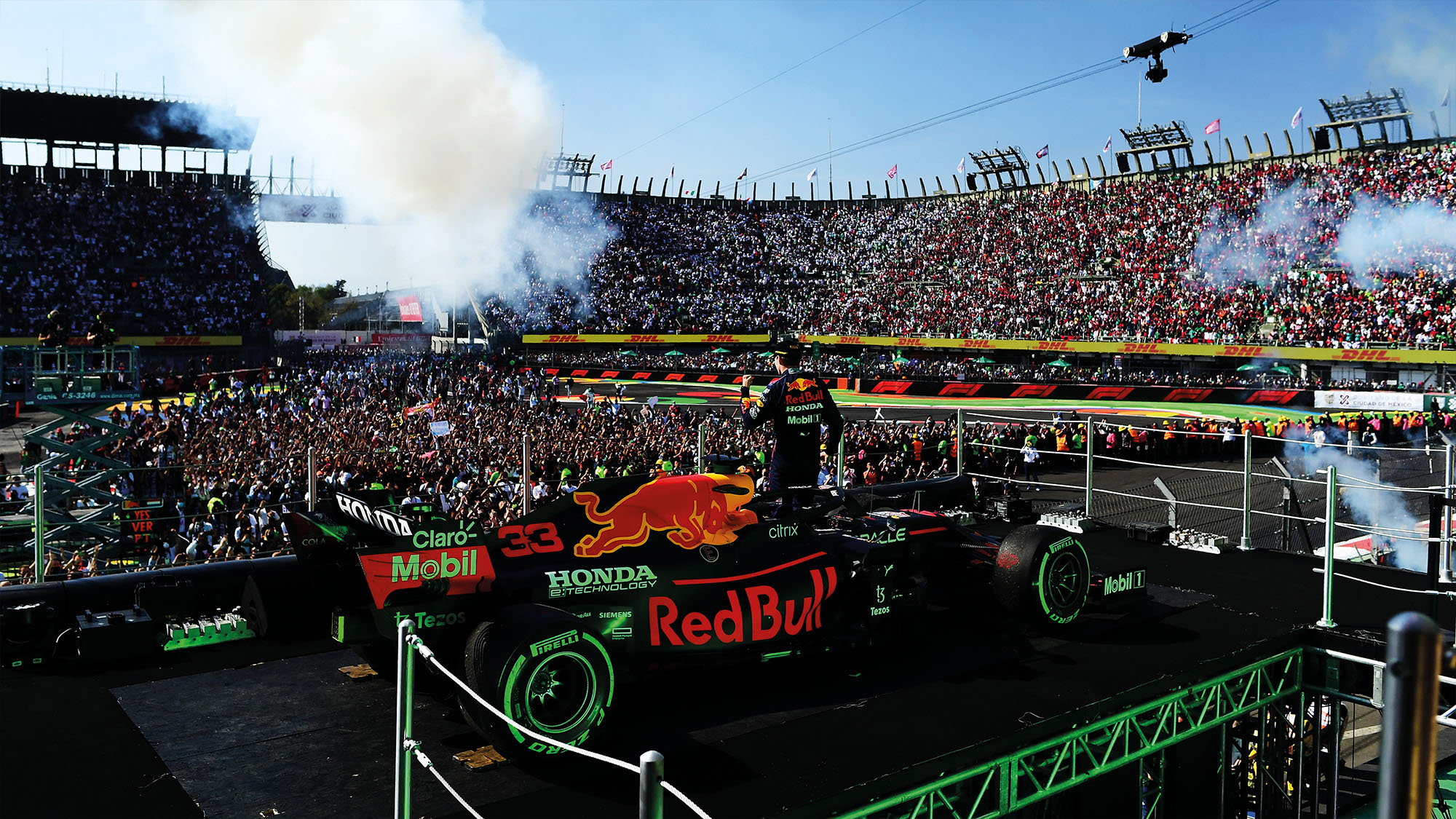Max Verstappen with his Red Bull on the Mexican Grand Prix podium