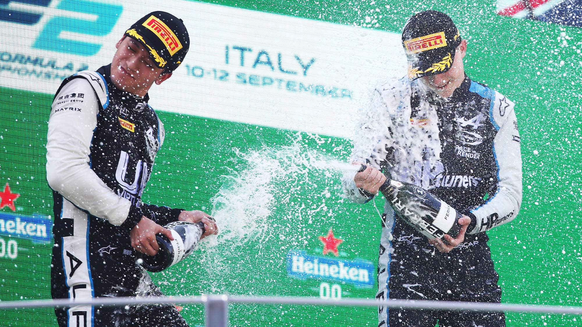 Guanyu Zhou and Oscar Piastri on the F2 podium at Monza 2021