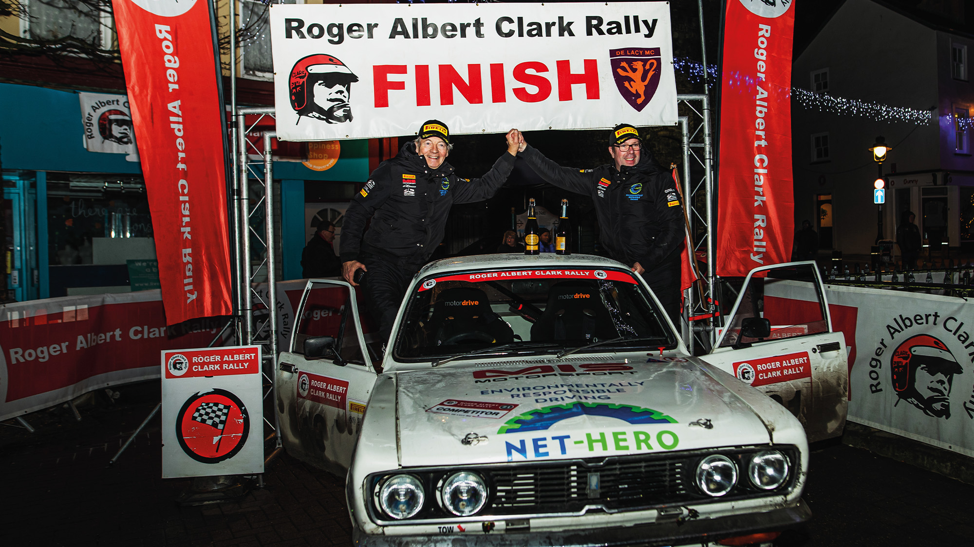 Tony Jardine and Allan Harryman at finish of 2021 Roger Albert Clark Rally