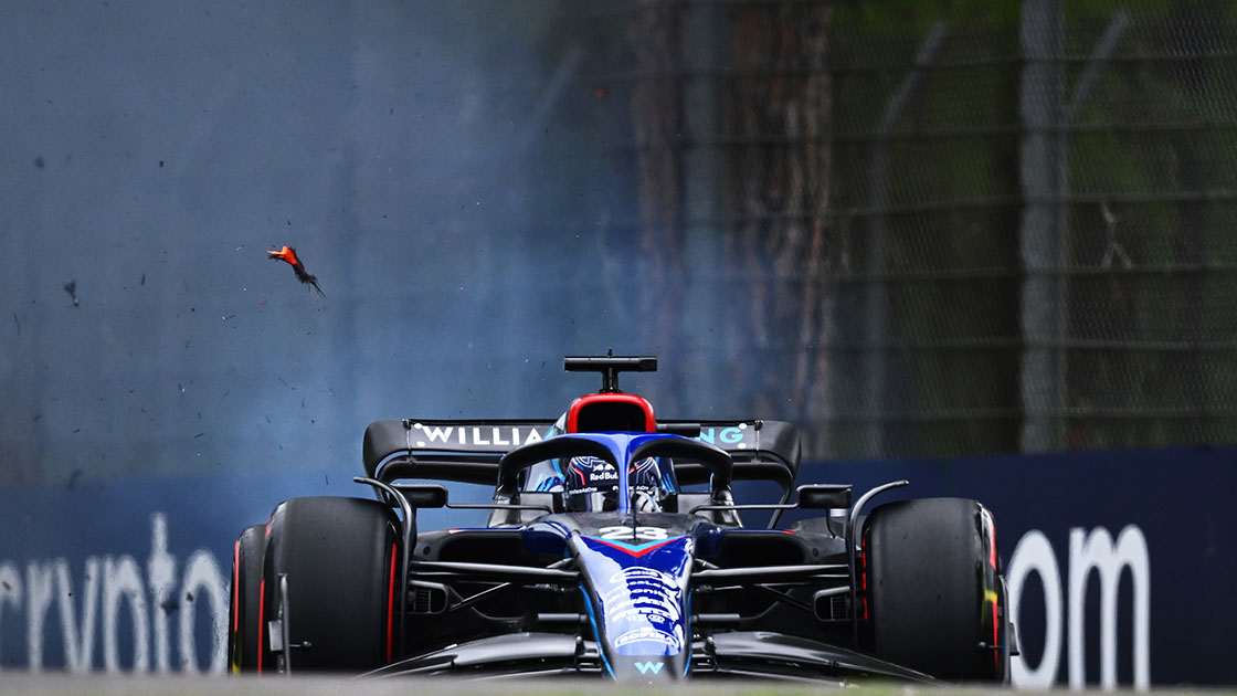 IMOLA, ITALY - APRIL 22: The brakes of Alexander Albon of Thailand driving the (23) Williams FW44 Mercedes explode on track during qualifying ahead of the F1 Grand Prix of Emilia Romagna at Autodromo Enzo e Dino Ferrari on April 22, 2022 in Imola, Italy. (Photo by Clive Mason/Getty Images)